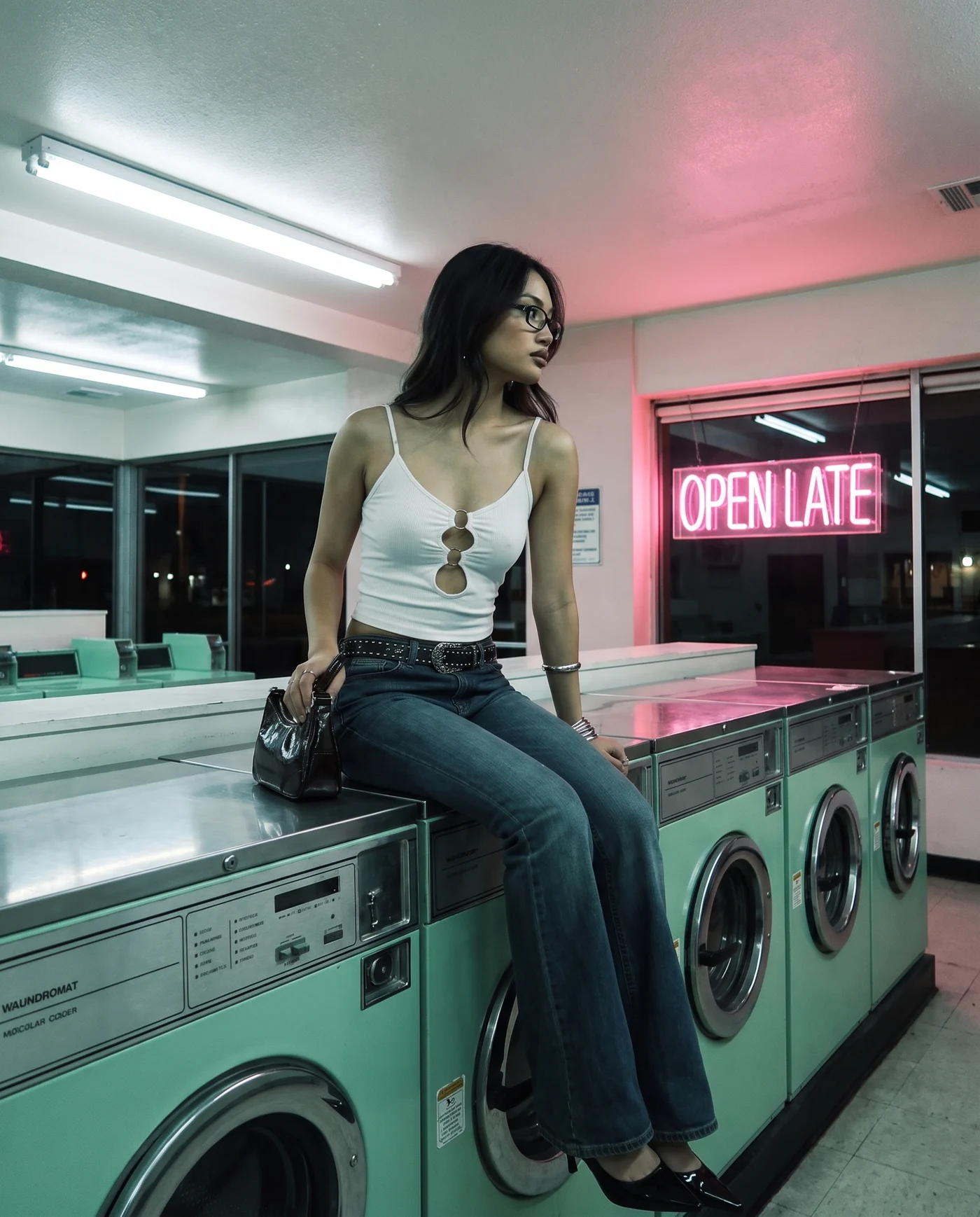 Casuall white cut-out top — sitting on a bank of machines in a late-night laundromat under neon