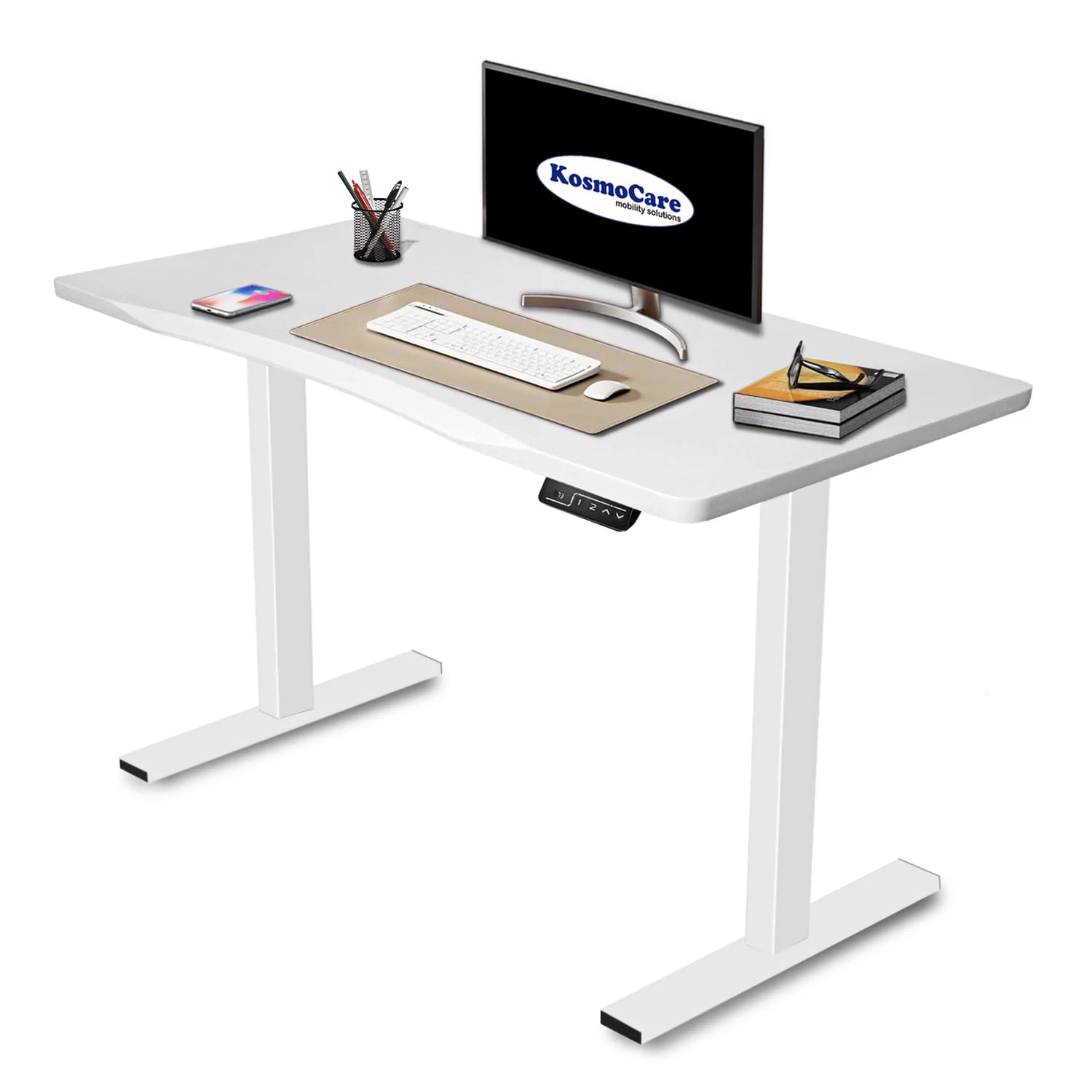 The white KosmoCare desk on a plain ground, dressed with a monitor, keyboard and desk mat