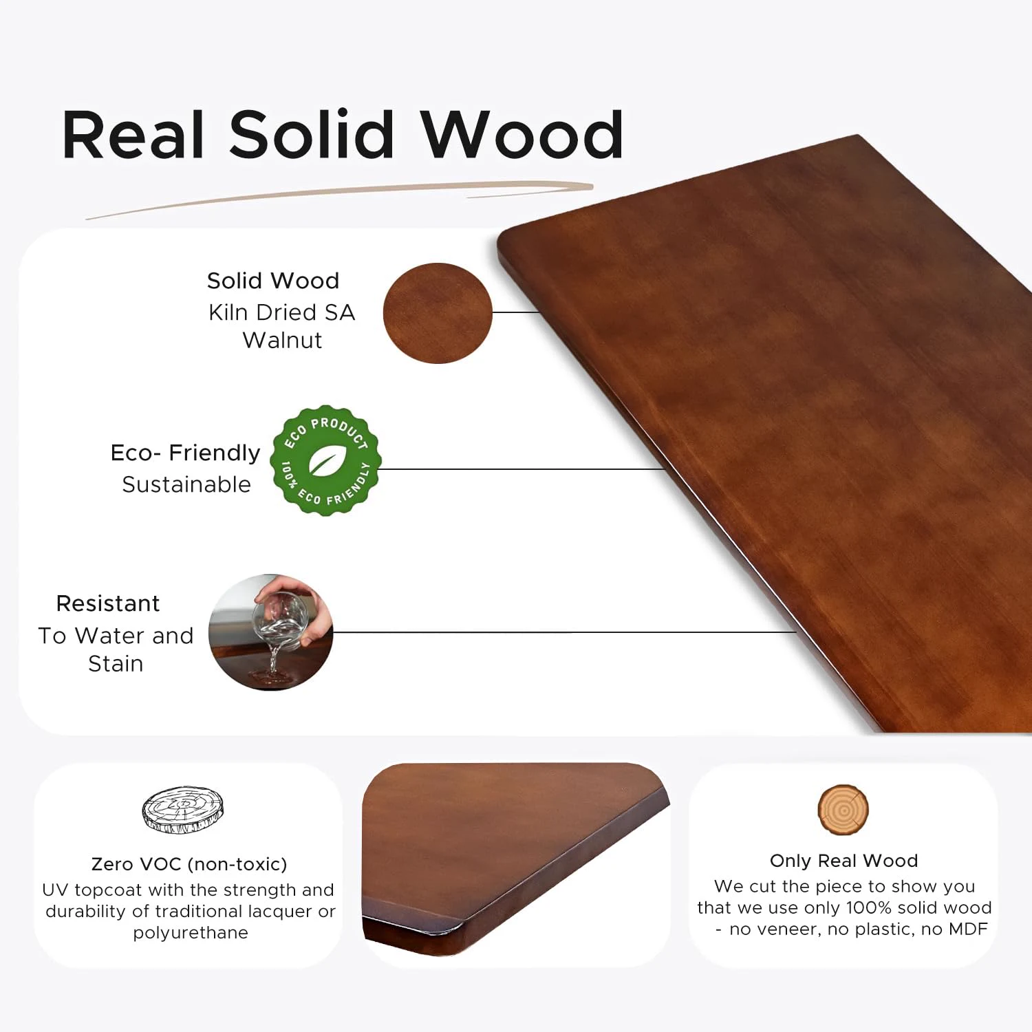 An A+ module explaining the solid walnut top — kiln dried, water and stain resistant, zero VOC