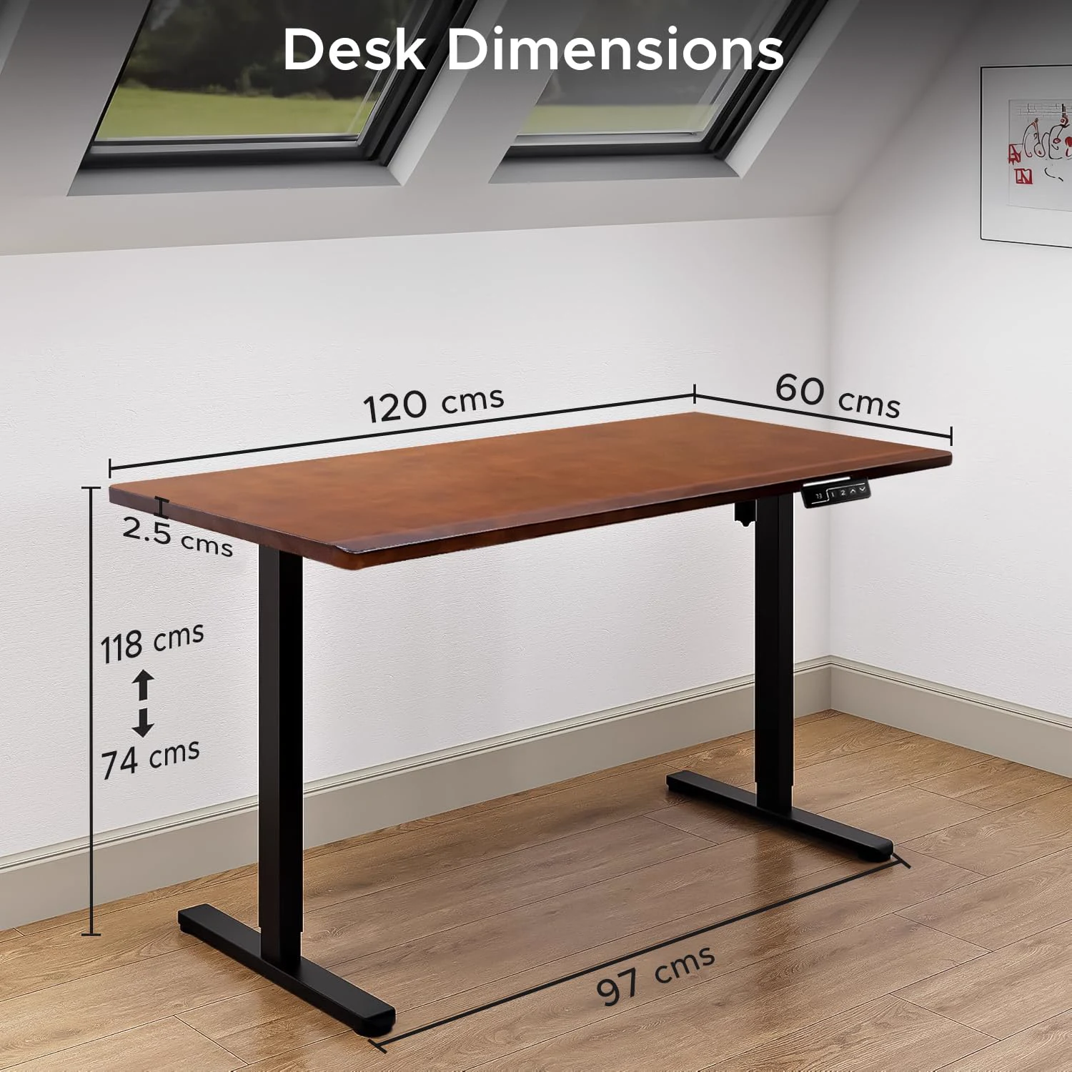 A dimensions diagram giving width, depth, thickness and the full height range in centimetres